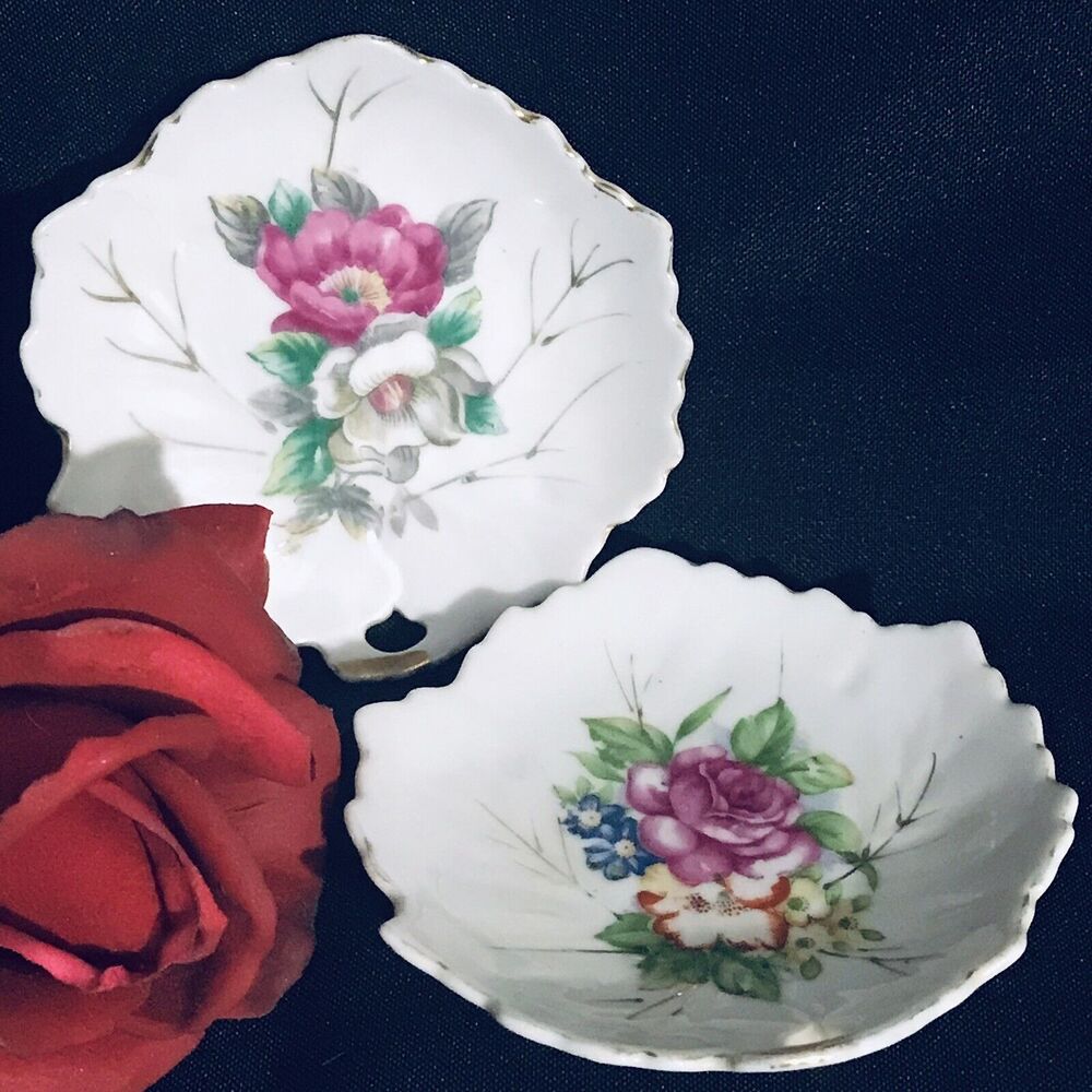 2 Viceroy Wall Hanging Candy Rose Leaf Trinket Dish Hand Painted Japan Gilded
